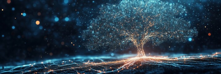 Poster - digital tree with glowing roots and branches, representing connectivity and nature's beauty in a fut