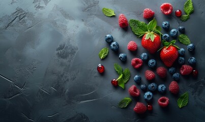 Poster - Fresh Berries Arrangement with Mint Leaves on Dark Background, Featuring Strawberries, Raspberries, Blueberries, and Red Currants