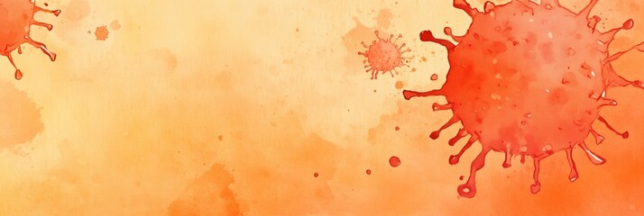 Poster - Vibrant watercolor illustration of virus particles on warm orange background, depicting microscopic view of pathogens