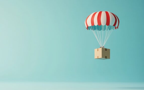 3D rendering of a cardboard box attached to a parachute, featuring blue and white colors, set against a pastel blue background. 