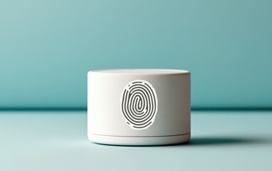 Poster - Minimalist 3D icon of a biometric virtual border with a fingerprint, positioned on a pastel blue background. 