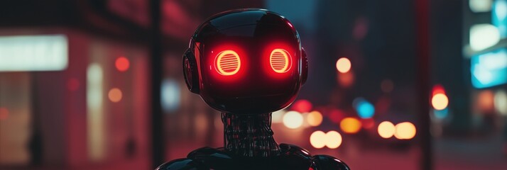 Poster - Futuristic robot with glowing red eyes in urban night setting, showcasing advanced technology and artificial intelligence