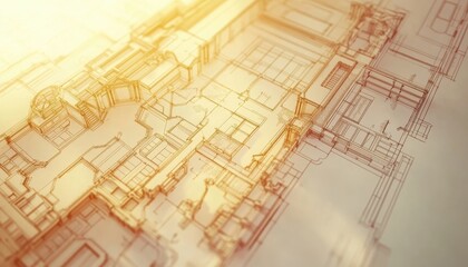 Fototapete - Architectural Blueprint Design: A Detailed 3D Perspective of a Luxurious Building Plan