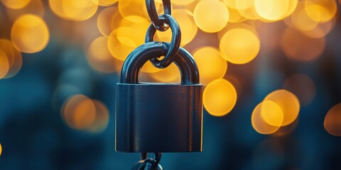 Poster - Padlock hanging on chain with blurred bokeh background, symbolizing security and protection