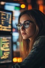 Poster - focused female programmer working on multiple computer screens in a dimly lit environment, showcasin