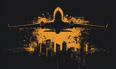 Poster - Airplane silhouette flying over city skyline with vibrant orange splashes and dark background, representing travel and urban life