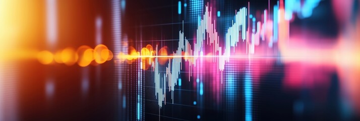 Poster - Dynamic financial market data visualization with vibrant colors and fluctuating graphs representing stock trends and trading activity