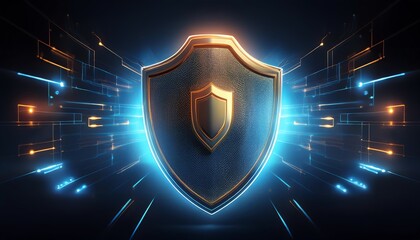 Poster - A futuristic shield emblem glowing with electronic connections, symbolizing protection and security in a digital world.