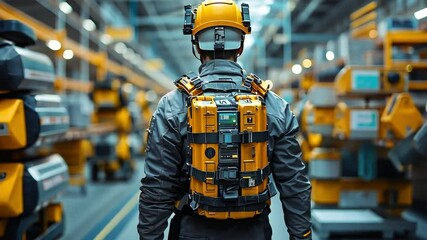 Poster - Worker in industrial warehouse wearing safety gear and a yellow backpack, engaged in tasks