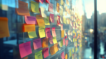 sticky note post it board office. business people meeting at office and use post it notes to share i