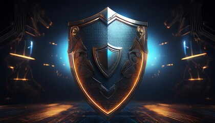 Poster - A futuristic shield with intricate designs, illuminated by blue and orange lights, set against a dark, high-tech background.