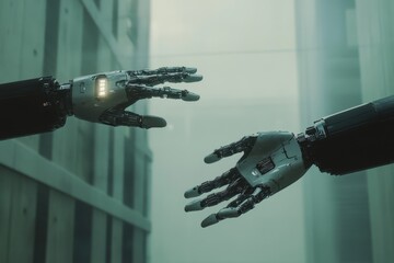 Poster - Two robotic hands reaching towards each other in a futuristic setting