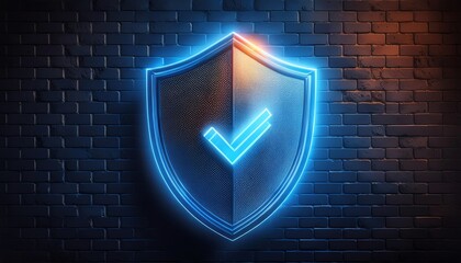 Poster - A glowing shield icon with a checkmark on a dark, textured background symbolizes security and validation.