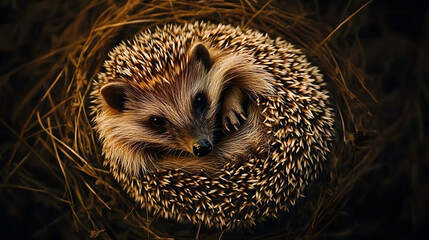 Poster - Photo of a hedgehog shot direction from above pose curled up time of day dawn