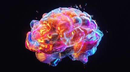 Poster - Futuristic 3d render of a neon-colored brain with glowing neural connections on a dark black background, showcasing artificial intelligence, cognitive science, and digital technology concepts in a hig