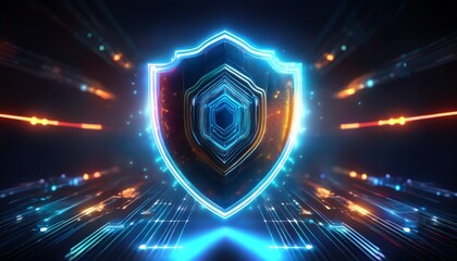 Poster - A glowing shield symbolizing digital security, surrounded by vibrant lines of light, representing protection and technology.