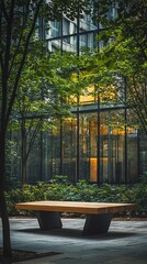 Wall Mural - City park bench, evening, modern building, tranquility