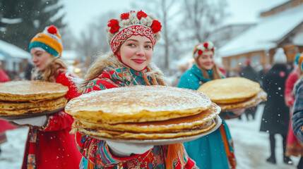 Slavic national celebration Maslenitsa or Shrovetide. Women carry delicious big pancakes, having fun in the winter pancake week