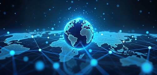 Poster - Global network concept illustration shows earth globe with glowing blue lines connecting world map. Digital tech visualization displays global connectivity. Futuristic style represents internet of