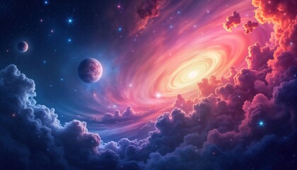 Poster - Colorful cosmic clouds swirl around glowing galaxies, shining stars. Vibrant nebulae, constellations fill space. Planets orbit in surreal, magical sky. Illustration vibrant abstract representation of