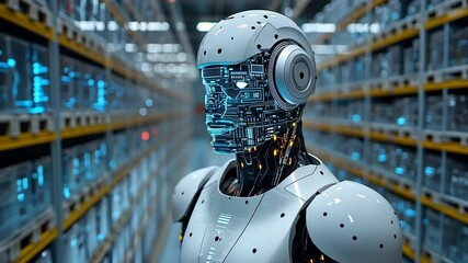 Poster - A humanoid robot stands in a high-tech warehouse filled with electronic components at night