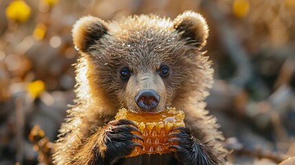 bear eats honey on the background of nature