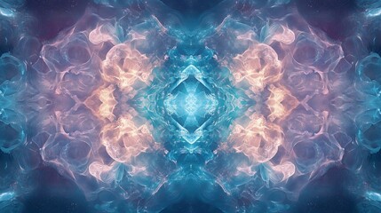 Poster - Symmetrical abstract design with flowing blue and light orange patterns creating a serene artistic image