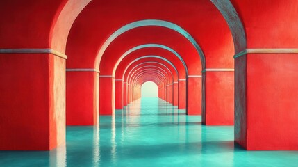 Poster - Vibrant red arcade extends to a bright horizon over turquoise water.