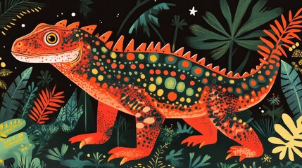 Wall Mural - Ornate, Red Spiked Lizard Amidst Lush Tropical Foliage