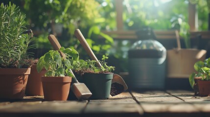 Wall Mural - Artistic photo of a set of gardening tools and potted plants on a wooden table. Soft natural light enhancing the green hues. Emphasizing gardening and growth. Perfect for gardening and nature content.