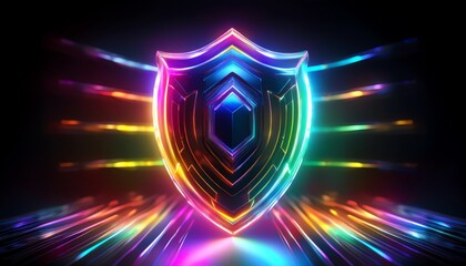 Poster - A vibrant, glowing shield design with colorful light streaks, symbolizing protection and security in a digital landscape.