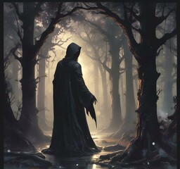 Illustration of hodded person in dark woods.