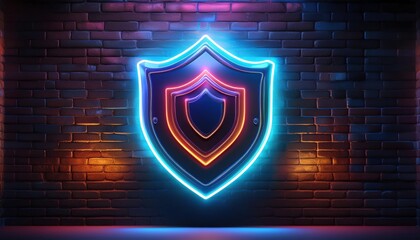 Poster - A glowing neon shield emblem against a brick wall, symbolizing protection and security with vibrant colors.