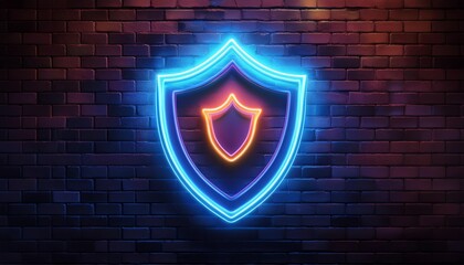 Poster - A glowing neon shield logo on a brick wall, symbolizing protection and security in a modern, vibrant style.