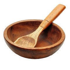 Wooden bowl spoon studio shot, empty, white background, cooking