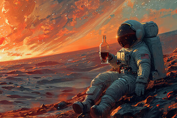 Wall Mural - sci-fi illustration astronaut in a spacesuit and helmet sits and drinks a bottle of wine on moon on 