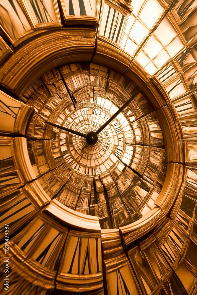 Broken clock face spiraling inward, depicting time distortion and chaos ...