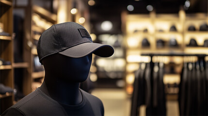 Wall Mural - Mock up of black trucker hat in store, displayed on mannequin, store background with accessories rack.