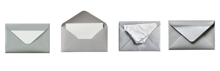 Poster - An image showcasing four grey envelopes in different states open and closed with various contents or lack thereof.