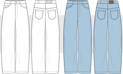 Wall Mural - Unisex Baggy jeans, Boyfriend Jeans, Mom-fit Jeans, Denim Pants Front and Back View. Fashion Flat Sketch Vector illustration, CAD, Technical Drawing, Flat Drawing, Template, Mockup.