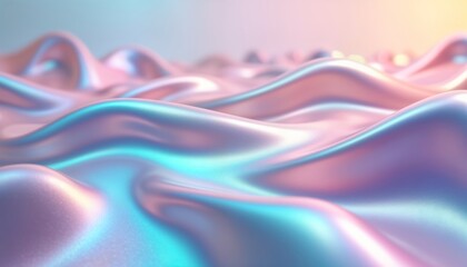 Poster - Abstract pastel holographic foil banner with smooth flowing iridescent colors. Fluid fabric texture creates modern, soft aesthetic. Pastel pink tones flow into turquoise blue hues creating dynamic
