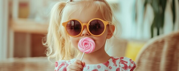 Sticker - Cute little blonde caucasian girl in sunglasses holding pink lollipop at home