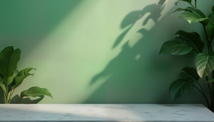 Poster - Empty studio setup with marble surface. Green wall provides abstract background with shadows from plants. Soft light creates product presentation backdrop. Minimalist design suitable for various