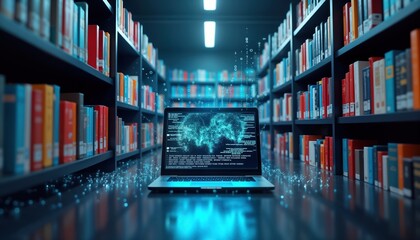 Aufkleber - Futuristic digital library. Bookshelves filled with books. Laptop computer with AI-powered info search. Glowing binary code flows around books, laptop. Modern tech integration in learning. Advanced