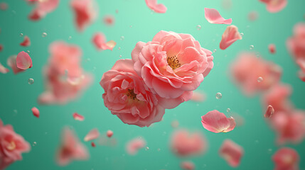 Wall Mural - Floating Pink Flowers and Petals on Turquoise Background with Water Droplets.