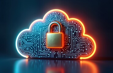 Poster - Neon cloud graphic with locked padlock. Futuristic tech concept for data protection. Cloud storage security system. Cybersecurity illustration. Secure online data. Safe application. Safe digital