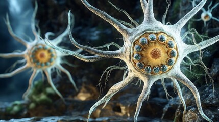 Poster - 3D Render Of Neural Network, Brain Cells, Synapses, Neural Links Concept With Depth Of Field