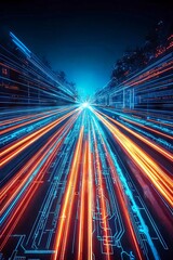 Poster - an image featuring a circuit board with a colorful design, set against a red and blue background.