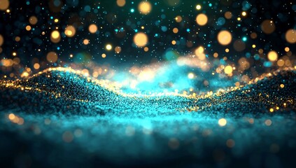 Poster - Within a glowing environment of blue and green lines, data particles move freely in the air