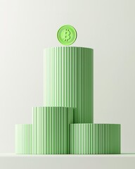 Wall Mural - A minimalist illustration featuring green cylindrical shapes with a coin on top, symbolizing growth and value in finance or cryptocurrency.